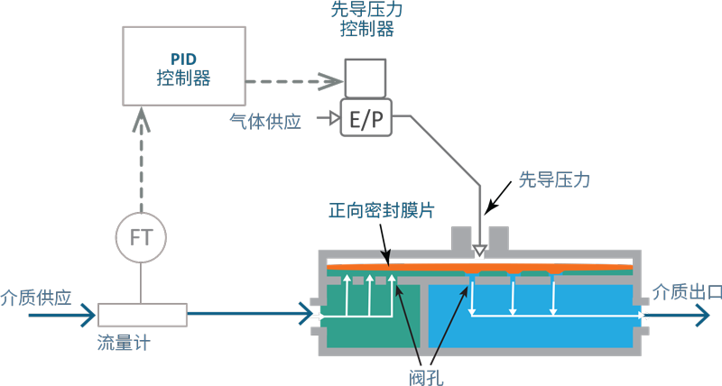 Equilibar 流量控制阀 (FCV) 阀体工艺和系统设计示意图